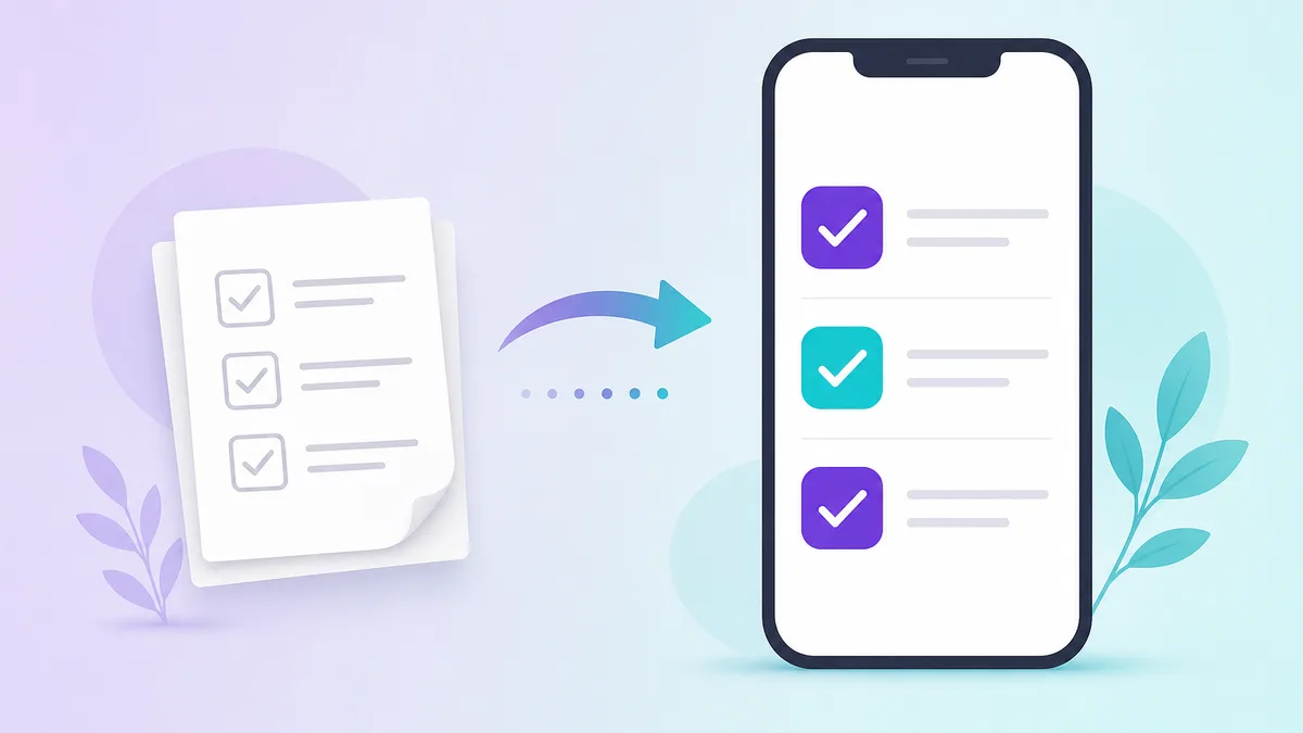 A paper clipboard checklist transforming into a digital checklist on a smartphone