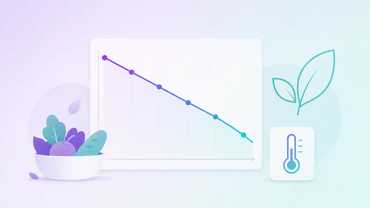 A downward trending arrow with temperature, refrigeration and sustainability icons
